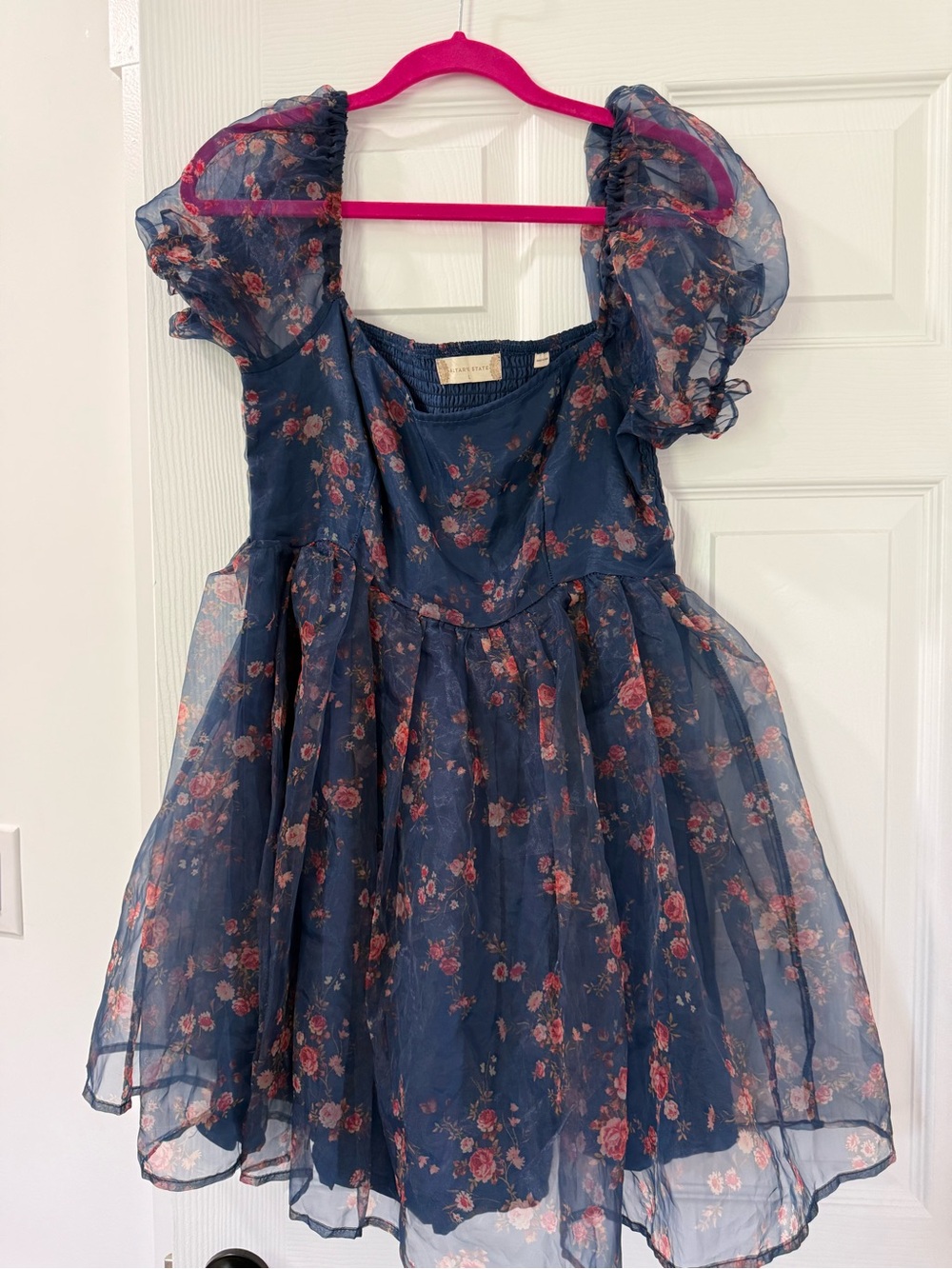 Altar’d State Navy Blue Floral Organza Puff Sleeve Babydoll Mini Dress